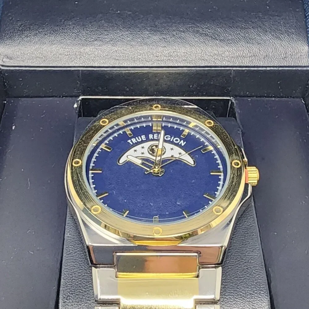 True Religion Watch Blue Dial Gold Bezel Two Tone Mens Analog Bracelet Boxed